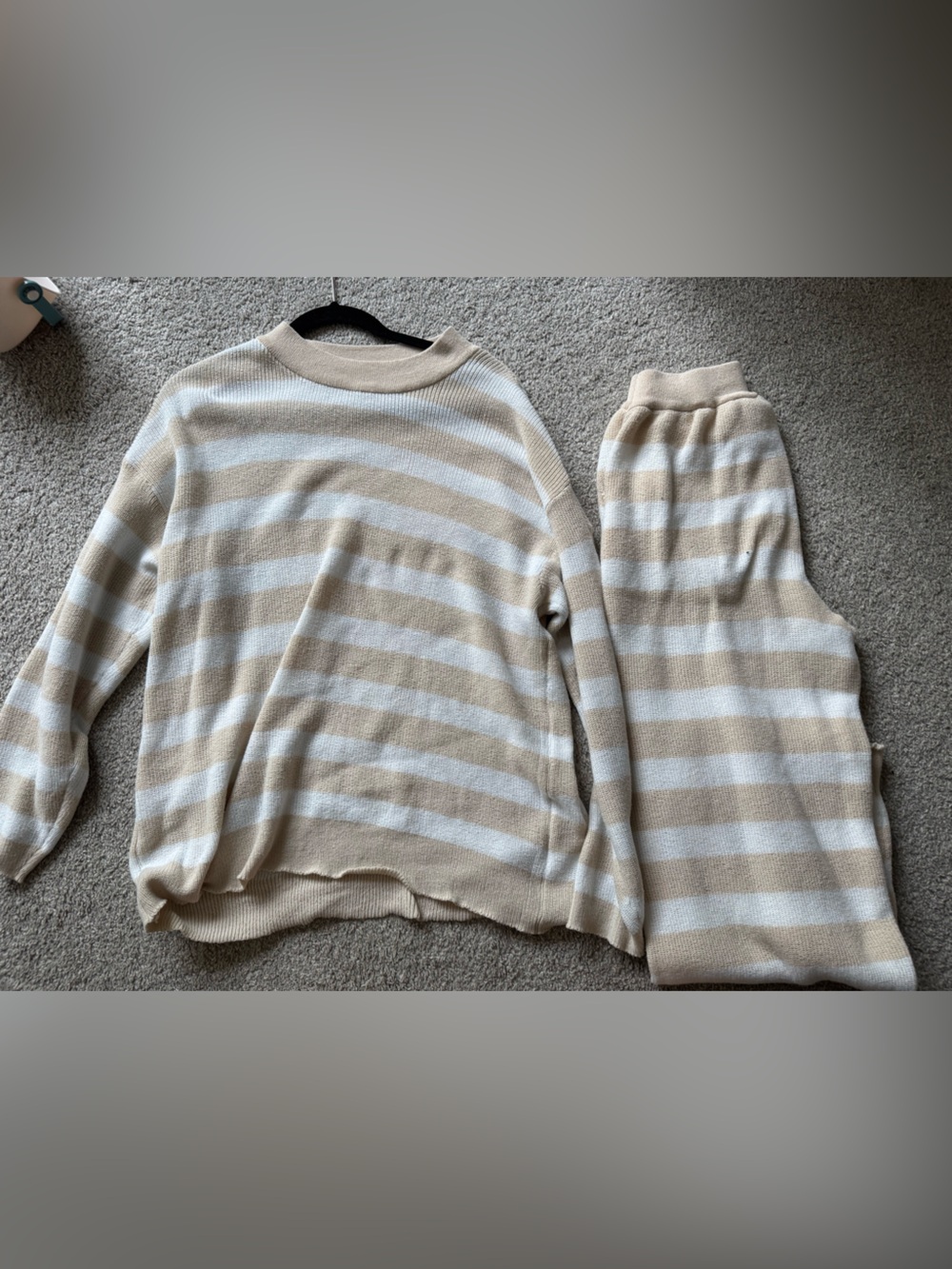 Striped Crew Neck Sweater Set - Cream and White